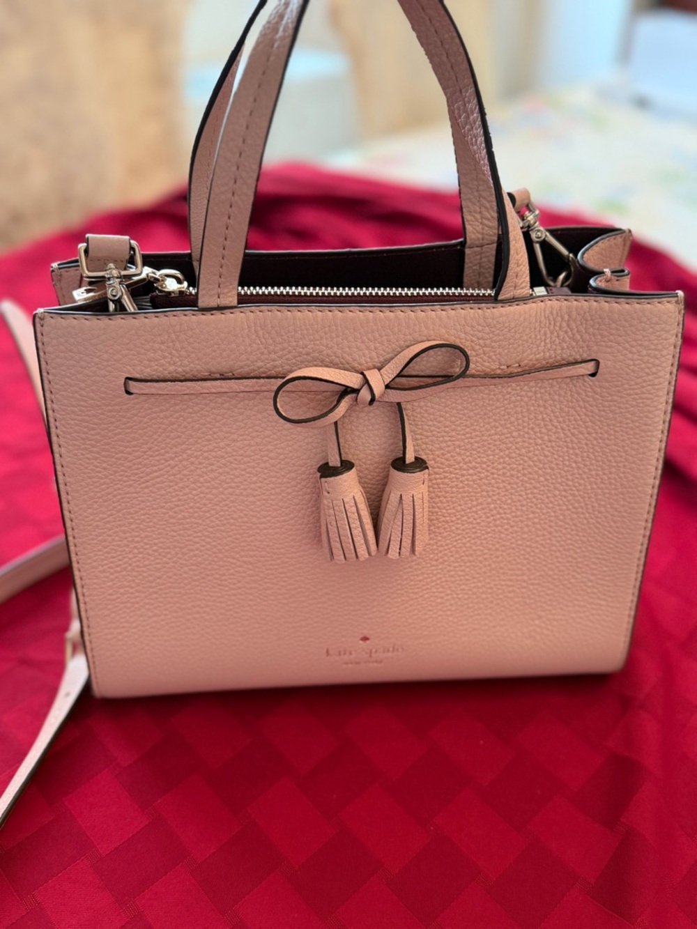 kate spade Blush Pink Pebbled Leather Satchel with Tassel Bow